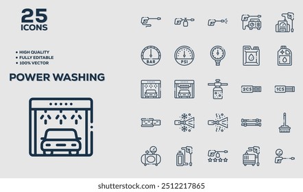 Power Washing set of 25 outline icons related to Fitness. Linear icon collection. Editable stroke. Vector illustration