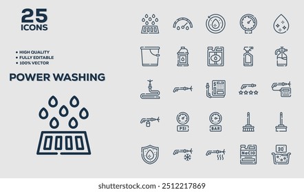 Power Washing set of 25 outline icons related to Fitness. Linear icon collection. Editable stroke. Vector illustration