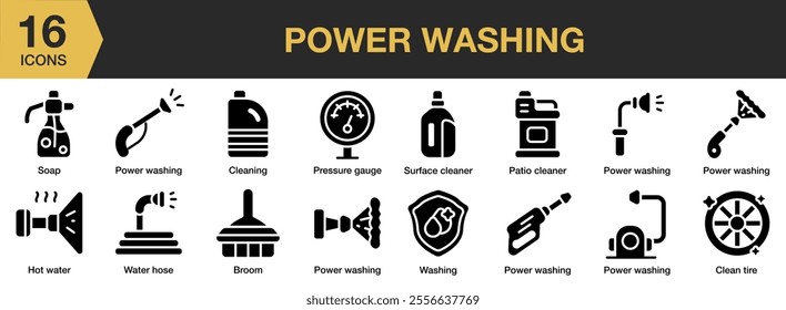 Power Washing solid icon set. Includes pressure gauge, cleaner, patio, washing, clean tire, broom, and More. Solid icons vector collection.