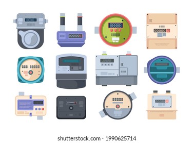 Power water meters. Counters gas measurements instruments display box garish vector flat pictures set