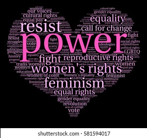 Power Women's Rights word cloud on a black background. 