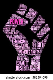 Power Women's Rights Word Cloud On A Black Background. 