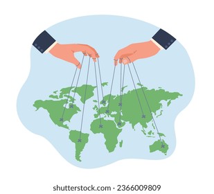Power of world domination over economy, anonymous hands of businessmen with puppet ropes rule world. Marionette Earth. Global government. Cartoon flat style isolated illustration. Vector concept