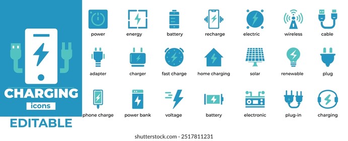 Power up your designs with these editable charging icons. From outlets to batteries, find the perfect visuals for your tech projects, websites, or app interfaces.