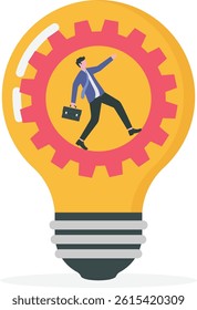 Power your idea concept. businessmen run in gear in light bulbs.

