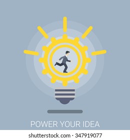 Power your idea flat style modern innovation light bulb cog wheel infographic concept. Conceptual web illustration businessman running inside squirrel cage. Business strategy hard work metaphor icon.