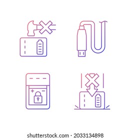 Powerbank for gadget user gradient linear vector manual label icons set. Device damage. Thin line contour symbols bundle. Isolated outline illustrations collection for product use instructions