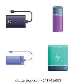 Powerbank icons set cartoon vector. Power bank of various shape and color. Portable charger