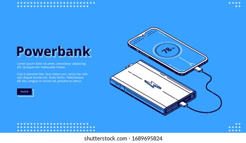 Powerbank isometric landing page. Smartphone with charging level on screen wire connected with power bank portable device. Mobile phone or cellphone low battery charger, 3d vector line art, web banner