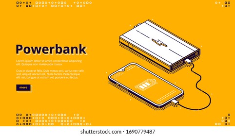 Powerbank isometric landing page. Smartphone with charging level on screen wire connected with power bank portable device. Mobile phone or cellphone low battery charger, 3d vector line art, web banner