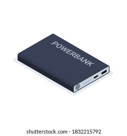 Powerbank Isometric Usb Cable Battery. Charge Cell Phone Vector Power Bank