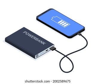 Powerbank isometric usb cable battery. Charge cell phone vector power bank