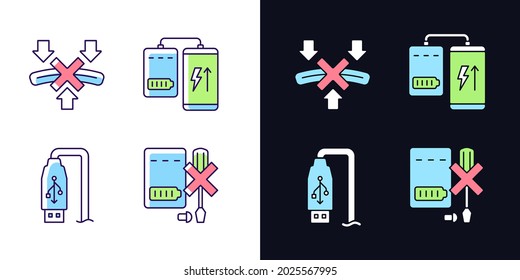 Powerbank proper use light and dark theme RGB color manual label icons set. Isolated vector illustrations on white and black space. Simple filled line drawings pack for product use instructions