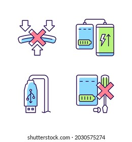 Powerbank proper use RGB color manual label icons set. Smartphone charger. USB output. Isolated vector illustrations. Simple filled line drawings collection for product use instructions