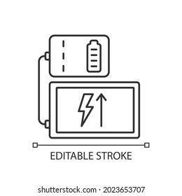 Powerbank for tablet linear manual label icon. Charger compatibility. Thin line customizable illustration. Contour symbol. Vector isolated outline drawing for product use instructions. Editable stroke
