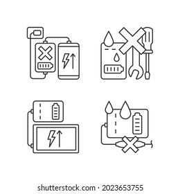 Powerbank use linear manual label icons set. Compatible with device. Customizable thin line contour symbols. Isolated vector outline illustrations for product use instructions. Editable stroke