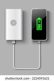 Powerbank vector. Realistic portable mobile power charger. 3d mockup battery with usb cable isolated on grey background. Phone charging via external cord illustration