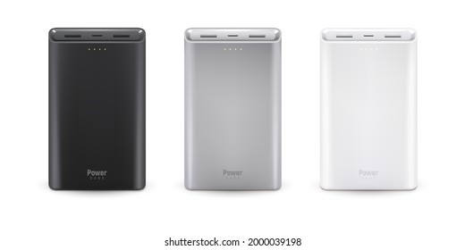 Powerbanks set isolated on white background. Black, silver, white colors of devices. Four orange little lamps indicate about full charge. Isometric view, vector illustration.