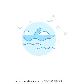 Powerboat, motorboat with driver vector icon. Flat illustration. Filled line style. Blue monochrome design. Editable stroke. Adjust line weight.