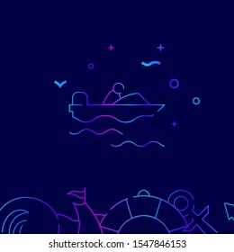 Powerboat, motorboat vector gradient line icon, illustration, symbol or pictogram, sign. Dark blue background. Related bottom border.