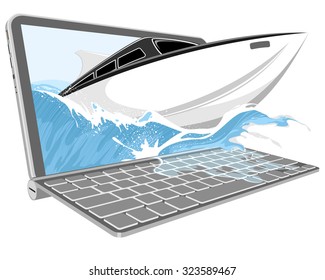 Powerboat on a wave comes up out of the screen