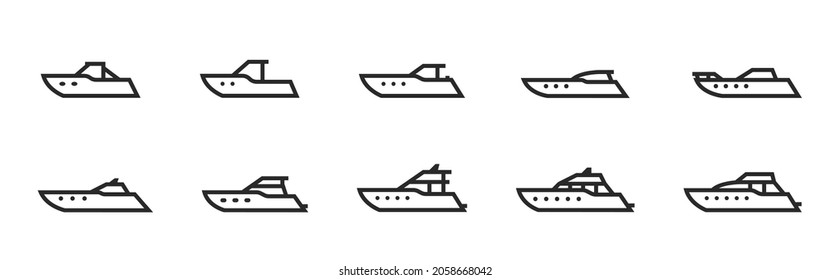 powerboat and yacht line icon set. motor boats for sea travel and rest. isolated vector images