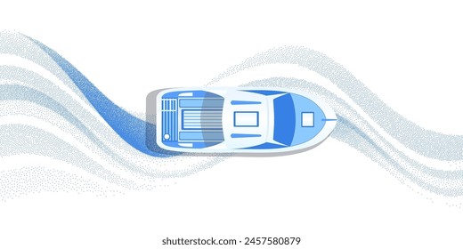 Powerboat.Speed boat in the top aerial view.Sea wave. Summer vacation .Vector illustration.