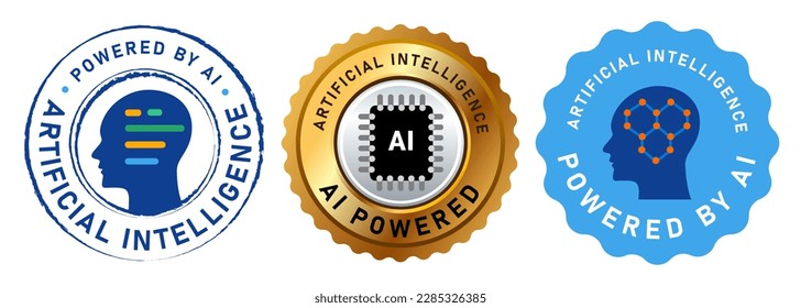 Powered by AI Artificial Intelligence label stamp emblem logo of neural network study 