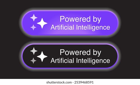 Powered by Artificial Intelligence Label and Icon. AI-Powered Buttons: Interactive Prompts, Machine and Deep Learning Text Generators, and Chatbot UI Design. Vector.