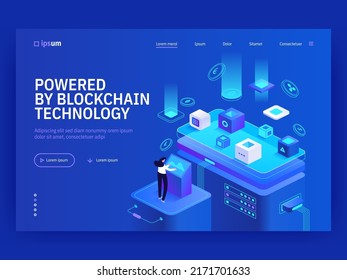 Powered by blockchain technology isometric vector image on blue background. Mining and trading cryptocurrency. Data technology finance. Web banner with copy space for text. 3d components composition