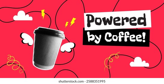 Powered by Coffee creative collage design poster, banner with halftone effect.  Energetic flying takeaway cup with wings on red background. 