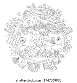 Powered by donut - adult coloring page illustration with funny pun lettering phrase. Donuts and sweets themed design. 