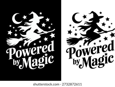 Angetrieben von Magic Typografy mit Flying Hexe Silhouette. Angetrieben von Magic Halloween Typografy Illustration. Powered by Magic Text Design mit fliegender Hexe. 