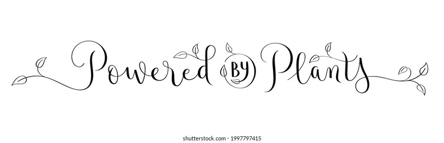 POWEED BY PLANTS Banner de caligrafía de pincel vectorial negro con hojas sobre fondo blanco