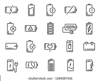 Powered charge icon. Battery charging, smartphone power level, electric charge station and recycle line art elements for UI design vector isolated icons set. Battery life indicator pictograms
