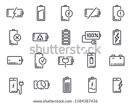 Powered charge icon. Battery charging, smartphone power level, electric charge station and recycle line art elements for UI design vector isolated icons set. Battery life indicator pictograms