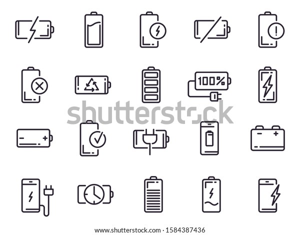 Powered charge icon. Battery charging,\
smartphone power level, electric charge station and recycle line\
art elements for UI design vector isolated icons set. Battery life\
indicator pictograms