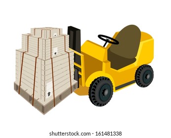 Powered Industrial Forklift, Fork Heavy Machine, Fork Truck or Lift Truck Loading Three Wooden Crates or Cargo Boxes Wrapped in Steel Banding, Isolated on White Background 