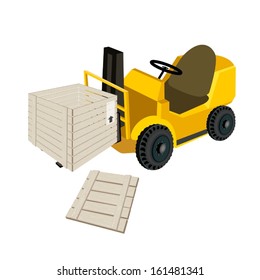 Powered Industrial Forklift, Fork Heavy Machine, Fork Truck Or Lift Truck Loading An Open Wooden Crate Or Cargo Box Wrapped In Plastic Shrink Wrap, Isolated On White Background 