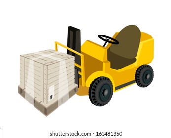 Powered Industrial Forklift, Fork Heavy Machine, Fork Truck Or Lift Truck Loading A Wooden Crate Or Cargo Box Wrapped In Plastic Shrink Wrap, Isolated On White Background 