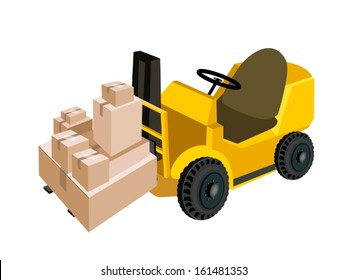 Powered Industrial Forklift, Fork Heavy Machine, Fork Truck or Lift Truck Loading A Stack of Sealed Cardboard Boxes, Ready for Shipping. 