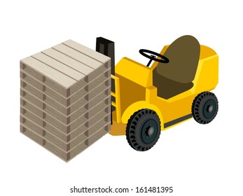Powered Industrial Forklift, Fork Heavy Machine, Fork Truck or Lift Truck Loading A Stack of Shipping Pallets for Storage and Transportation. 