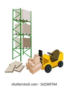 Powered Industrial Forklift, Fork Heavy Machine, Fork Truck or Lift Truck Loading A Stack of Sealed Cardboard Boxes in Industrial Warehouse and Cargo Shelf, Ready for Shipping.  - Shutterstock ID 162369764