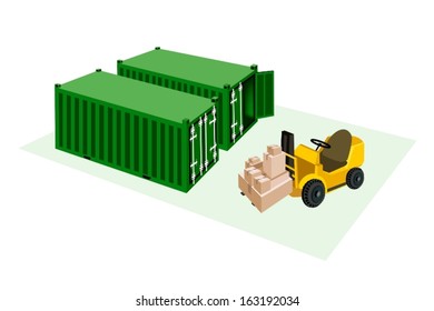 Powered Industrial Forklift, Fork Heavy Machine, Fork Truck or Lift Truck Loading A Stack of Sealed Cardboard Boxes into Cargo Containers, Ready for Shipping. 