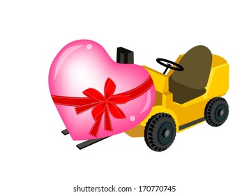 Powered Industrial Forklift, Fork Heavy Machine, Fork Truck or Lift Truck Loading A Lovely Pink Heart, A Perfect Gift or Present for Someone Special. 