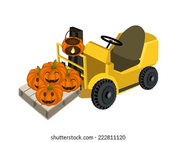 Powered Industrial Forklift, Fork Heavy Machine, Fork Truck or Lift Truck Loading Stack of Happy Jack-o-Lantern Pumpkins in Shopping Cart, Sign For Halloween Celebration. 