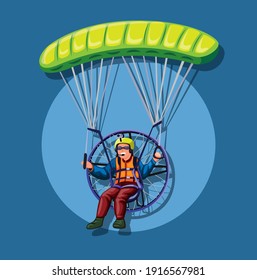 Powered paragliding, man fly in parachute with engine concept in cartoon illustration vector