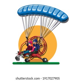 Powered paragliding. pilot and passenger in parachute tandem paraglider concept in cartoon illustration vector isolated in white background