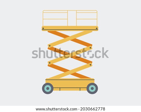 Powered Scissor Lift flat vector illustration. Elevator industrial machine contour design element. Picker car in trendy style.