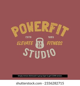 Powerfit Studio Vintage Distressed Clean Grunge Gym Fitness Lockup Type Badge Logo